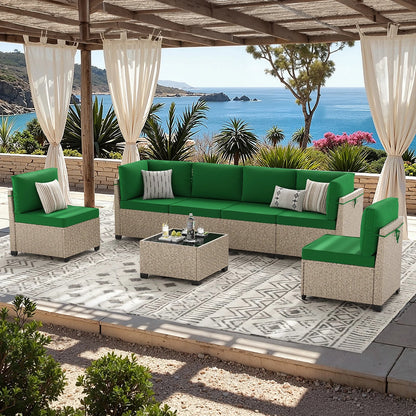 7-Piece Outdoor Rattan Sectional Set with Tempered Glass Table