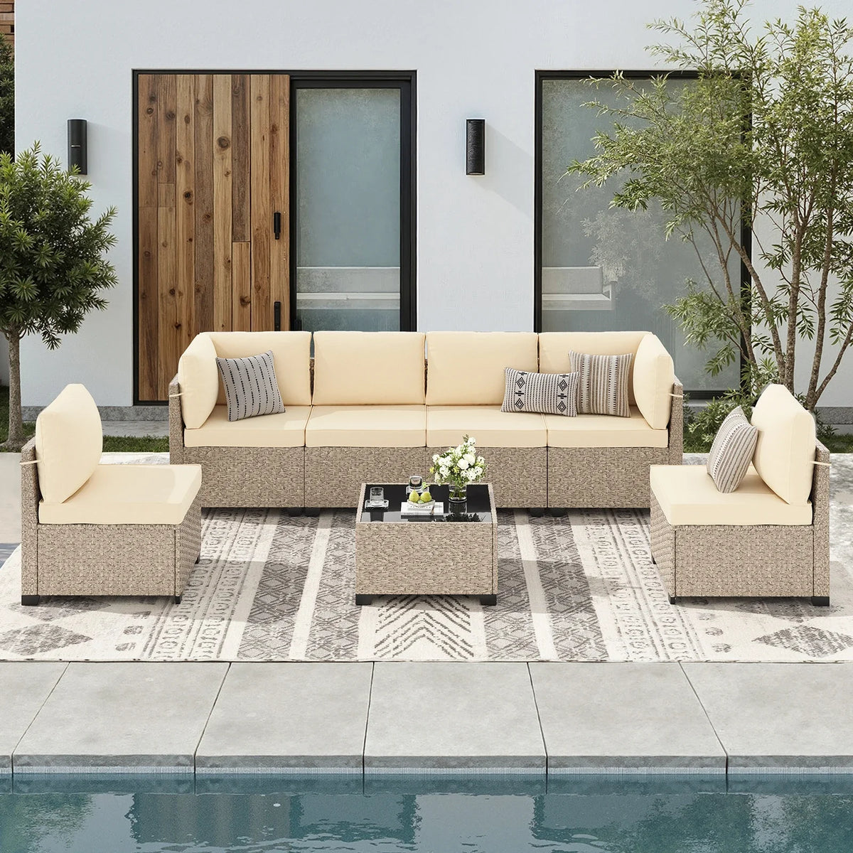 7-Piece Outdoor Rattan Sectional Set with Tempered Glass Table