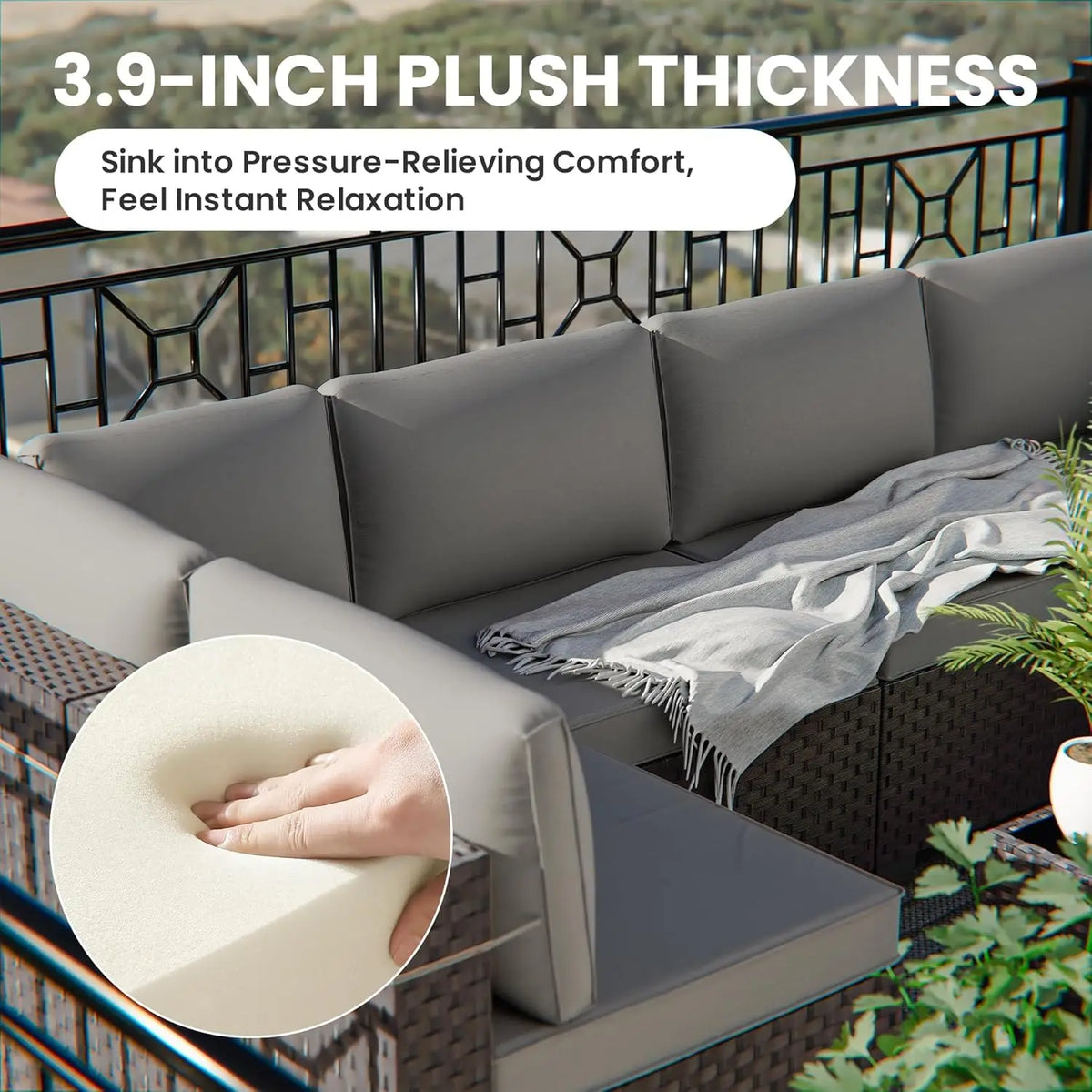 14-Piece Outdoor PE Rattan Sectional Sofa Set with Glass Table