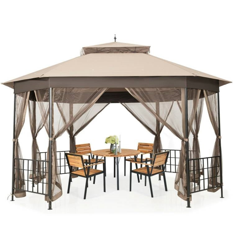 10 x 12 ft Octagonal Steel Gazebo with Brown Canopy and Netting