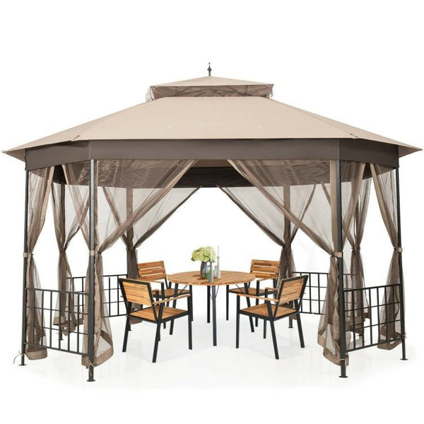 10 x 12 ft Octagonal Steel Gazebo with Brown Canopy and Netting