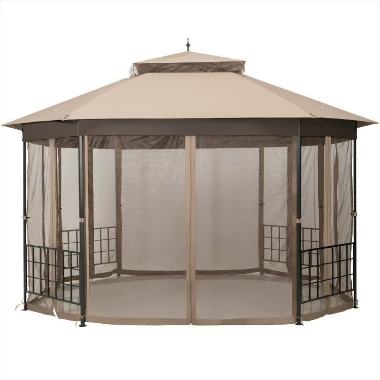 10 x 12 ft Octagonal Steel Gazebo with Brown Canopy and Netting