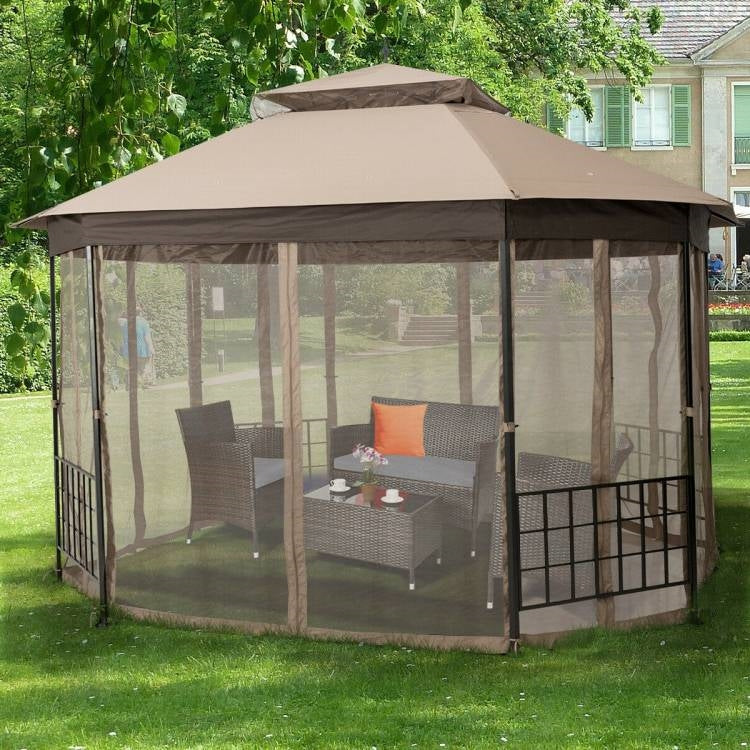 10 x 12 ft Octagonal Steel Gazebo with Brown Canopy and Netting