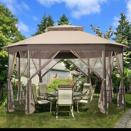 10 x 12 ft Octagonal Steel Gazebo with Brown Canopy and Netting