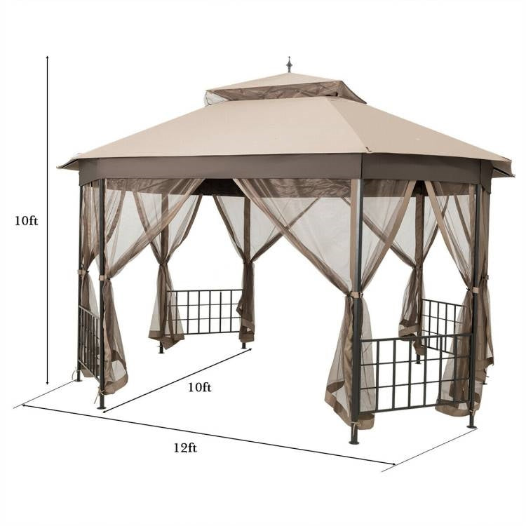 10 x 12 ft Octagonal Steel Gazebo with Brown Canopy and Netting