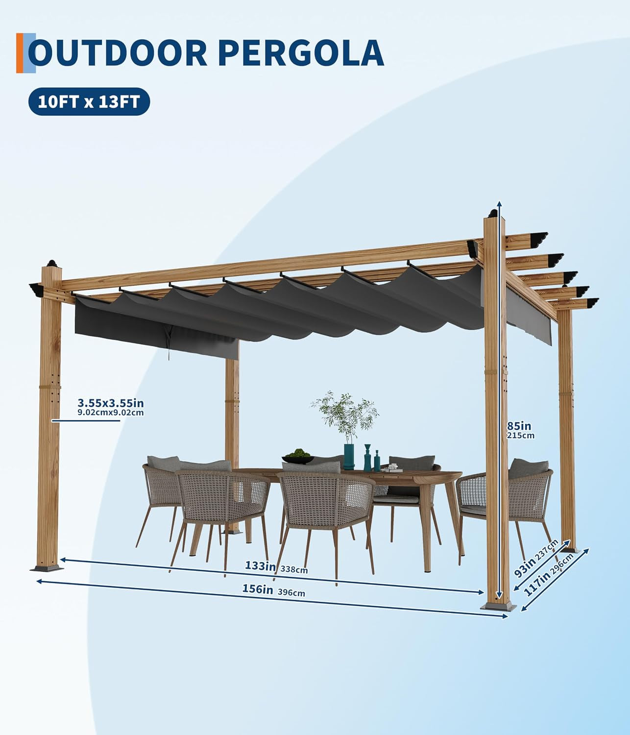 10 X 13 Ft Wood-Grain Aluminum Pergola Outdoor Pergola with Retractable Canopy Sun Shade Shelter for Garden, Patio, Backyard, Deck - Grey
