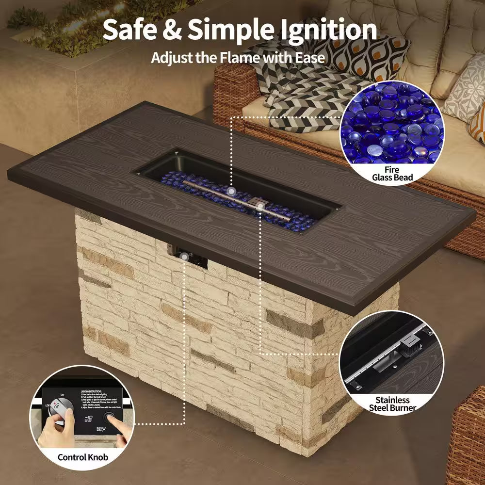 43 In. Propane Fire Pit Table Outdoor Stone Firepit Table Rectangular 50000 BTU Propane Fire Tables-Buff