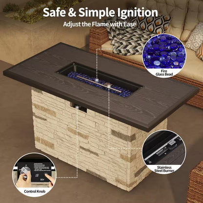 43 In. Propane Fire Pit Table Outdoor Stone Firepit Table Rectangular 50000 BTU Propane Fire Tables-Buff