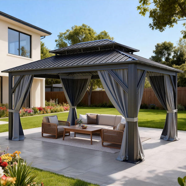 16 x 12 ft Metal Hardtop Gazebo with Double-Roof Canopy