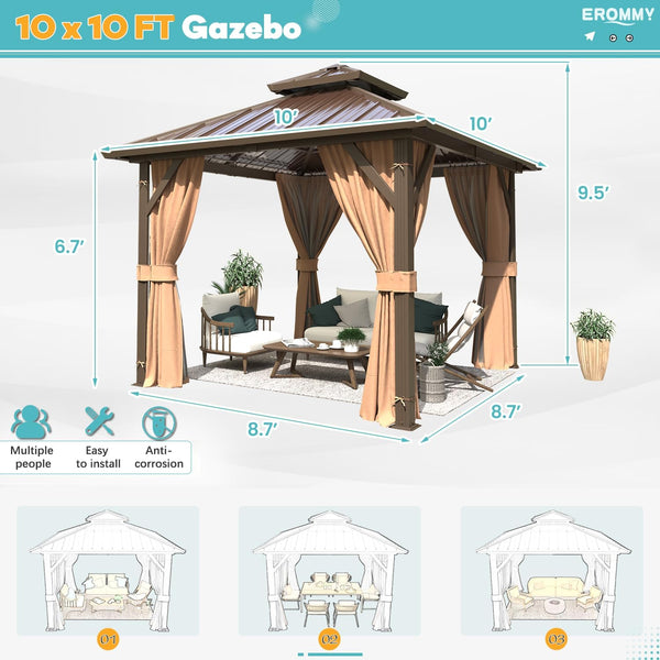 10 x 10 ft Hardtop Gazebo with Aluminum Frame and Curtains