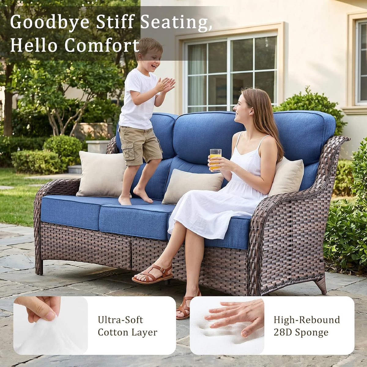 Luxury High Back Outdoor Furniture with 6-Inch Thick Cushions, Patio Furniture Set with Swivel Chairs, 5 PCS Wicker Conversation Set for Porch, Balcony, Deck and Yard