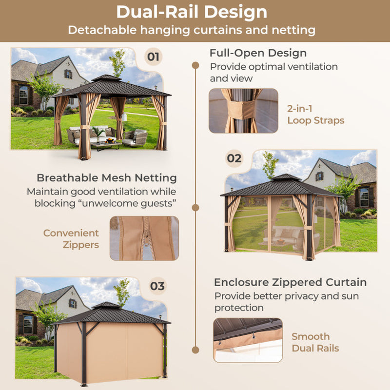 12 X 12 Feet Double-Roof Patio Hardtop Gazebo with Galvanized Steel Roof Netting and Curtains