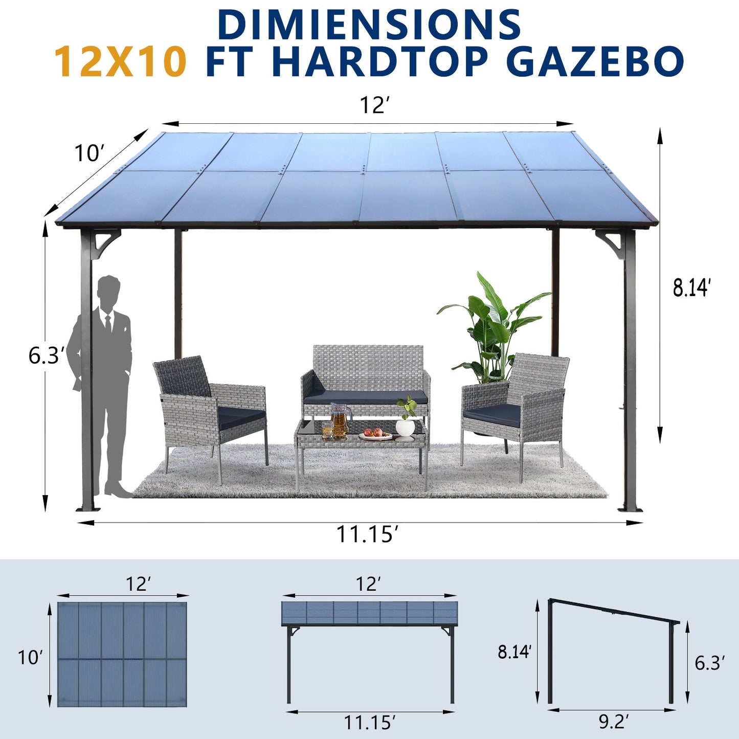 10' x 12' Wall-Mounted Metal Pergola Gazebo with Protective Roof