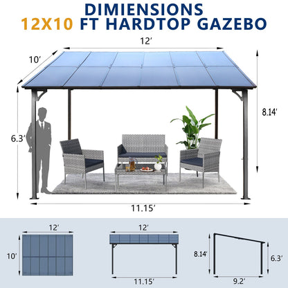 10' x 12' Wall-Mounted Metal Pergola Gazebo with Protective Roof