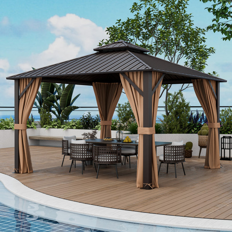 12 X 12 Feet Double-Roof Patio Hardtop Gazebo with Galvanized Steel Roof Netting and Curtains