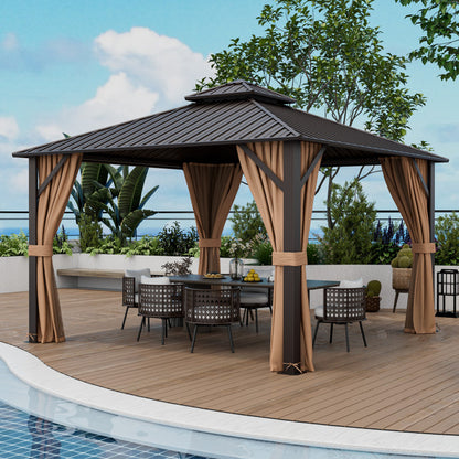 12 X 12 Feet Double-Roof Patio Hardtop Gazebo with Galvanized Steel Roof Netting and Curtains