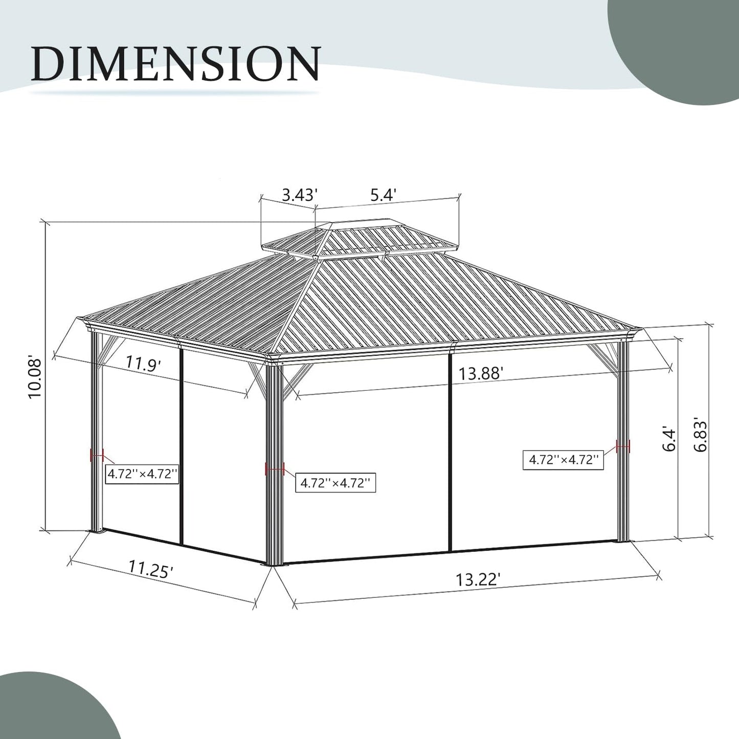 12' x 14' Aluminum Hardtop Gazebo with Galvanized Steel Double Roof
