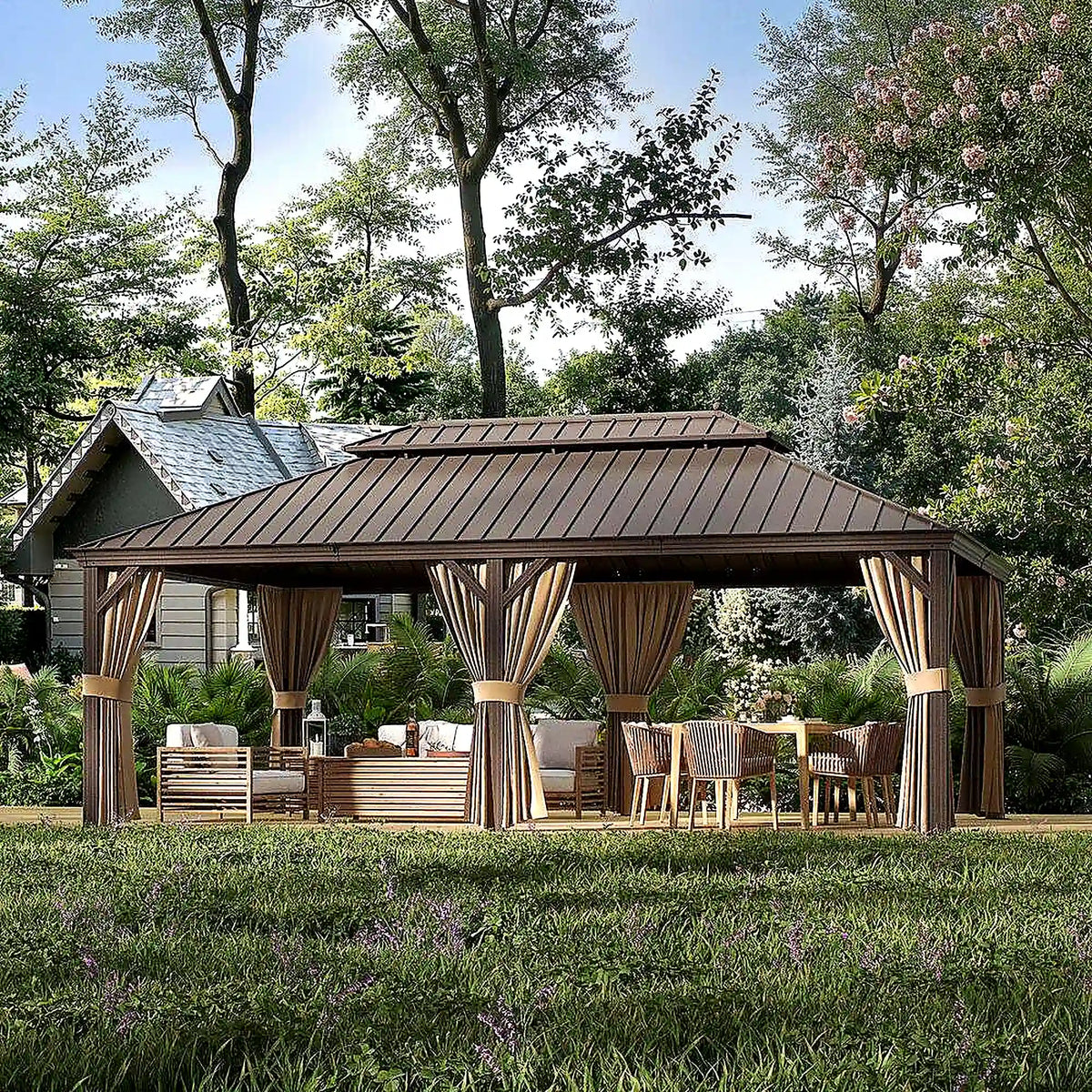 14 × 22 ft Aluminum Hardtop Gazebo with Curtains and Netting