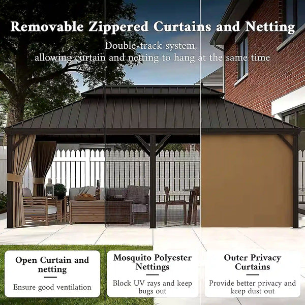 14 Ft. X 22 Ft. Double Galvanized Steel Roof Aluminum Frame Outdoor Patio Hardtop Gazeb with Netting and Curtains