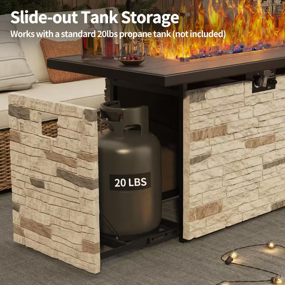 43 In. Propane Fire Pit Table Outdoor Stone Firepit Table Rectangular 50000 BTU Propane Fire Tables-Buff