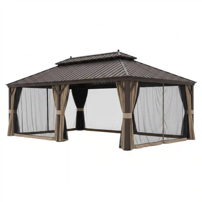 14 Ft. X 22 Ft. Double Galvanized Steel Roof Aluminum Frame Outdoor Patio Hardtop Gazeb with Netting and Curtains