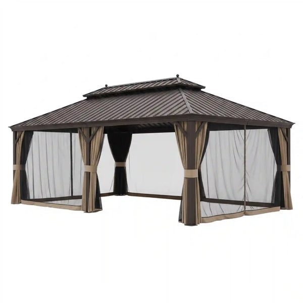 14 Ft. X 22 Ft. Double Galvanized Steel Roof Aluminum Frame Outdoor Patio Hardtop Gazeb with Netting and Curtains