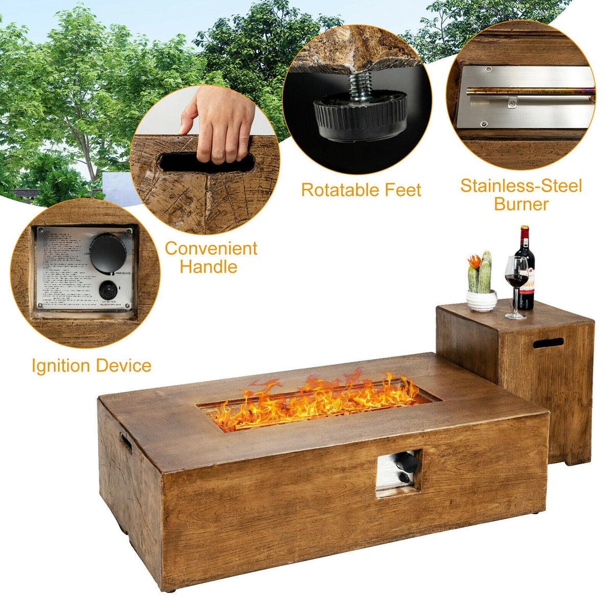 2-Piece Outdoor Propane Fire Pit Table Set, 50,000 BTU