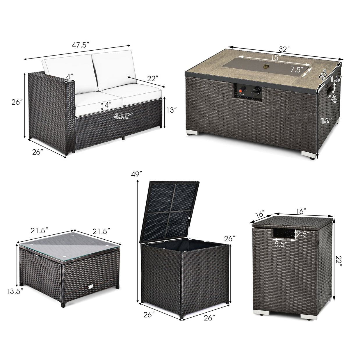6-Piece Outdoor Wicker Furniture Set with 32-In. Fire Pit