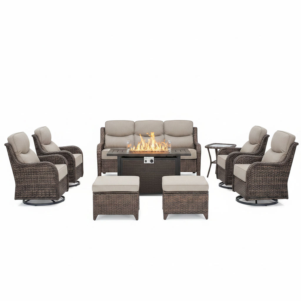9-Piece Outdoor Patio Furniture Set with Fire Pit Table,Swivel Chairs and 6" Thick Cushions,Sectional Sofa and Ottomans,Patio Conversation Set for Porch Deck Garden Backyard
