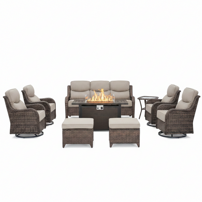 9-Piece Outdoor Patio Furniture Set with Fire Pit Table,Swivel Chairs and 6" Thick Cushions,Sectional Sofa and Ottomans,Patio Conversation Set for Porch Deck Garden Backyard