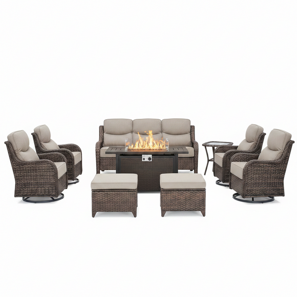 9-Piece Outdoor Patio Furniture Set with Fire Pit Table,Swivel Chairs and 6" Thick Cushions,Sectional Sofa and Ottomans,Patio Conversation Set for Porch Deck Garden Backyard