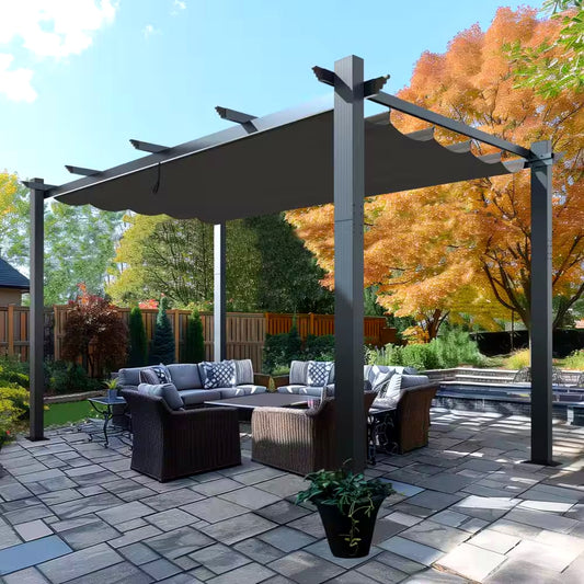 16 × 12 ft Aluminum Pergola with Retractable Dark Gray Canopy