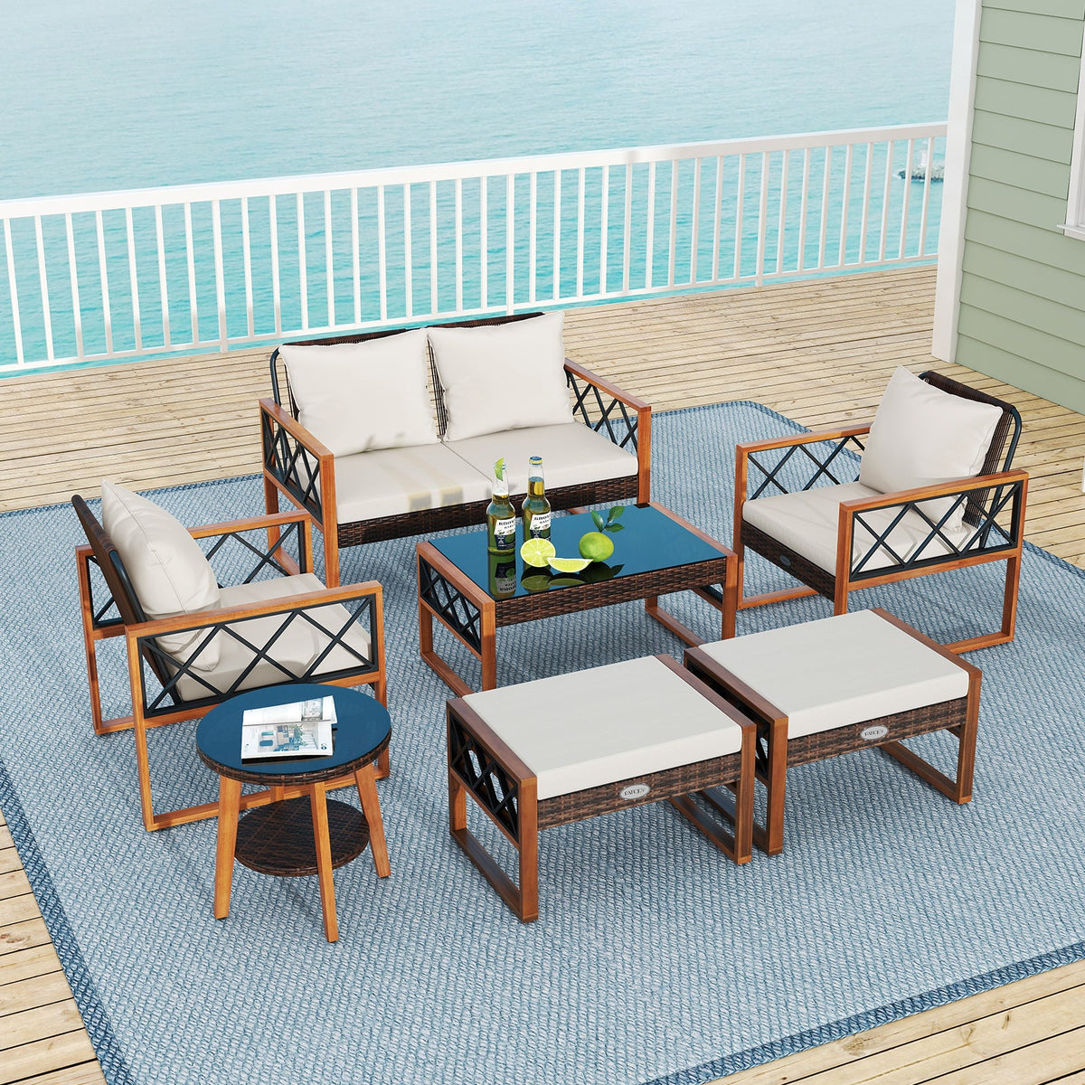 7-Piece PE Wicker Patio Furniture Set with Acacia Wood