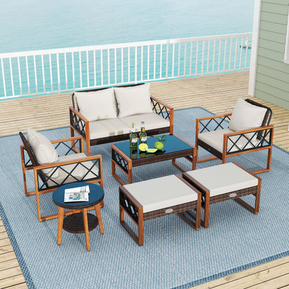 7-Piece PE Wicker Patio Furniture Set with Acacia Wood