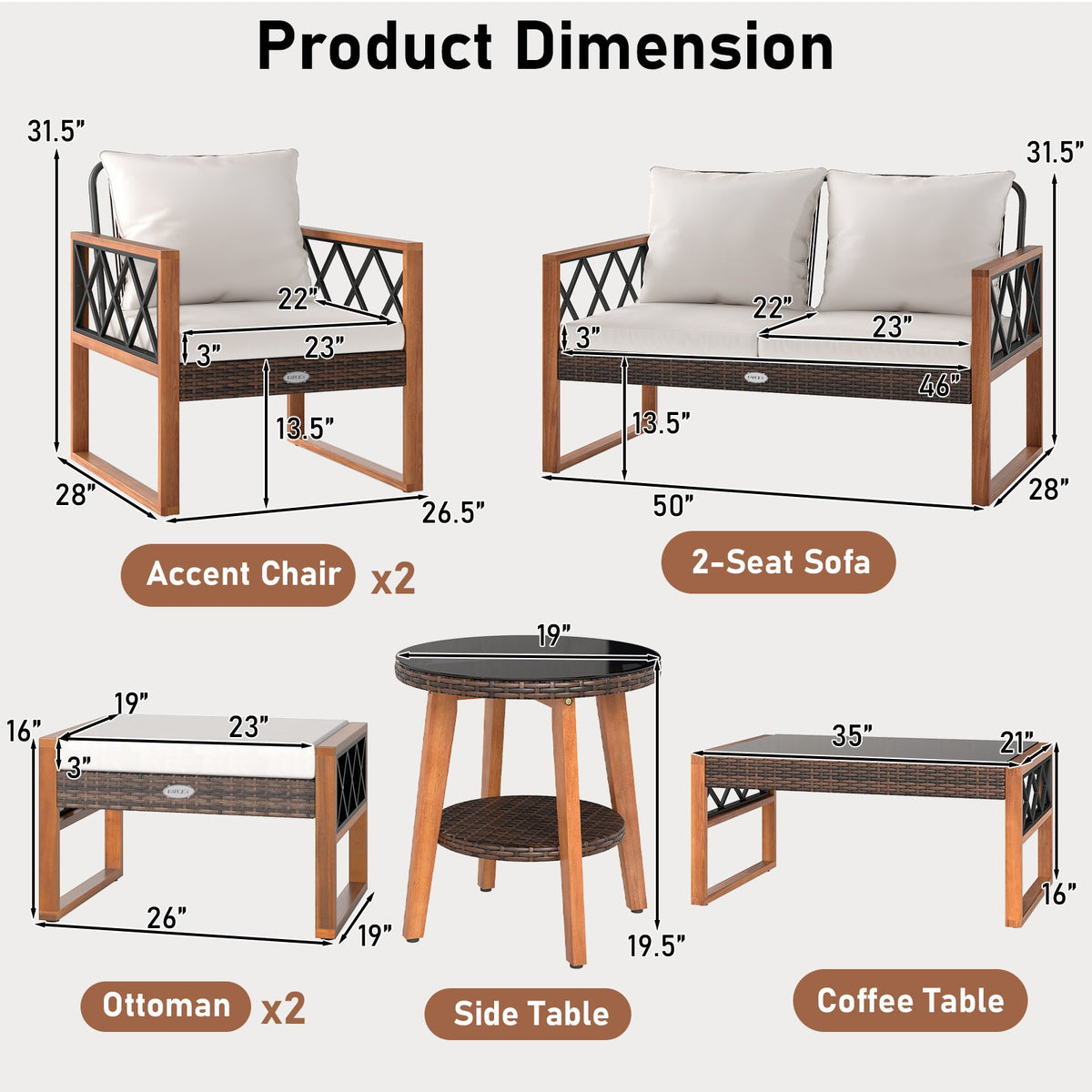 7-Piece PE Wicker Patio Furniture Set with Acacia Wood