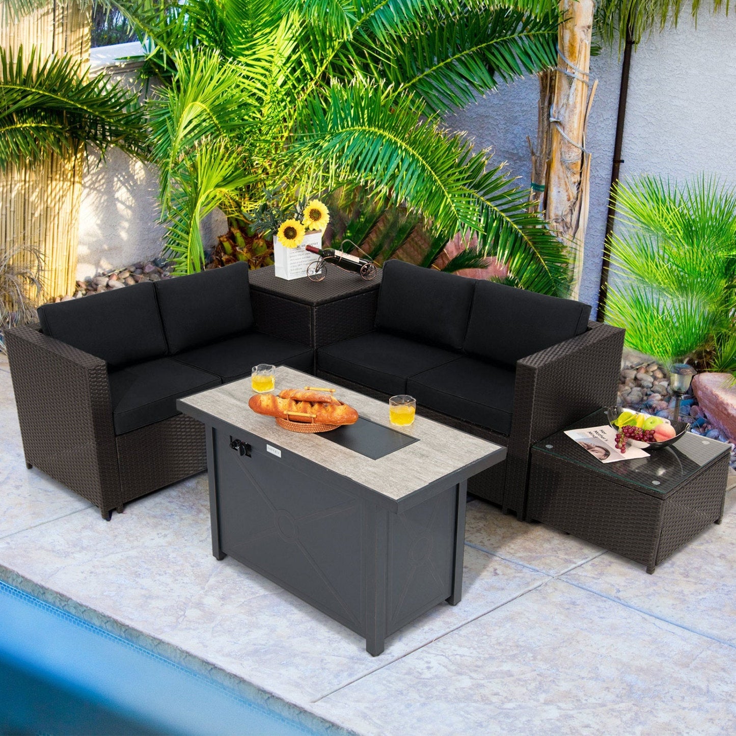 5-Piece Patio Furniture Set with 60,000 BTU Propane Fire Pit, Loveseats & Storage Box