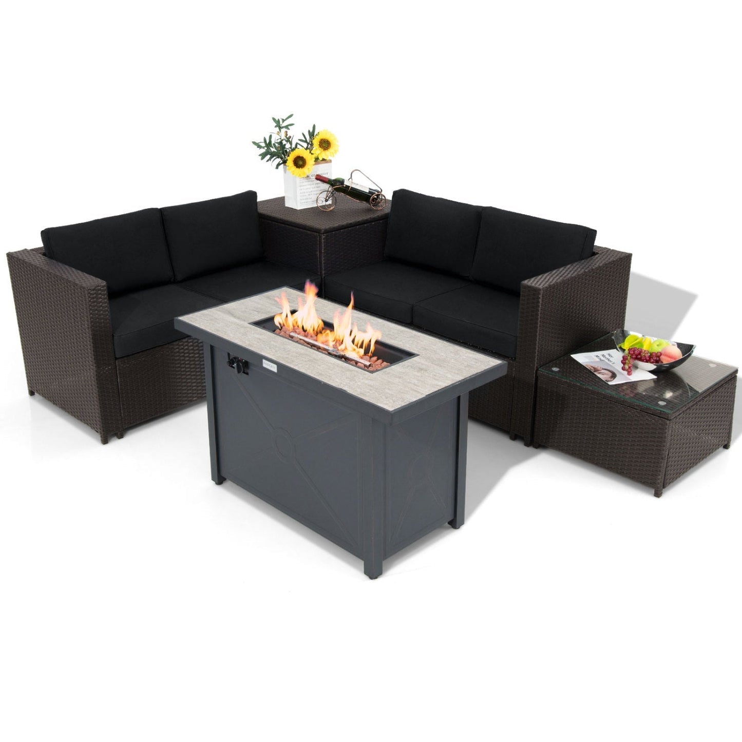 5-Piece Patio Furniture Set with 60,000 BTU Propane Fire Pit, Loveseats & Storage Box